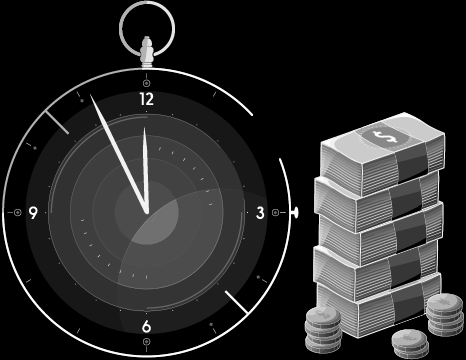 graphic of analog stopwatch clock and bundles of us dollars for efficiency and saving time and money