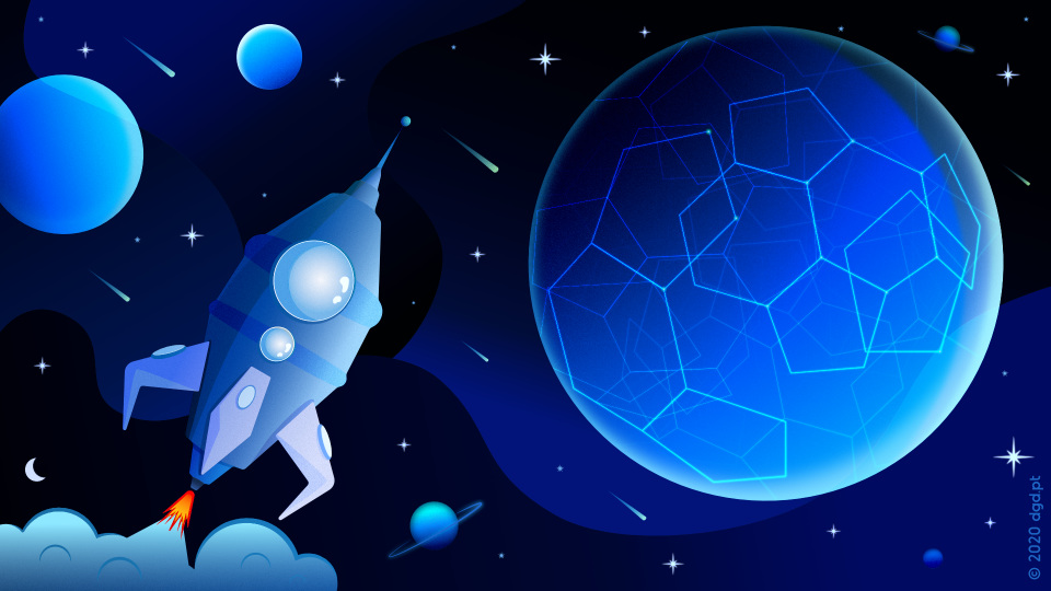 illustration of rocket launch in universe and magic ball showing the future of work which is remote